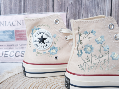 Custom Converse Platform, Wedding Blue Flowers Embroidered Shoes for Bride, Blue Wildflowers Embroidered Shoes Platform, Bridal Sneaker