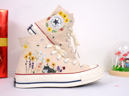 Embroidered Converse/Flower Converse/Custom Converse Pet/Embroidered Converse High Tops Butterfly Cat And Sweet Sunflower Garden