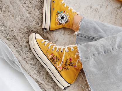 Embroidered Converse High Tops, Custom Converse High Top Embroidered ,  Converse Embroidered With Flower Garden, Handmade Gift