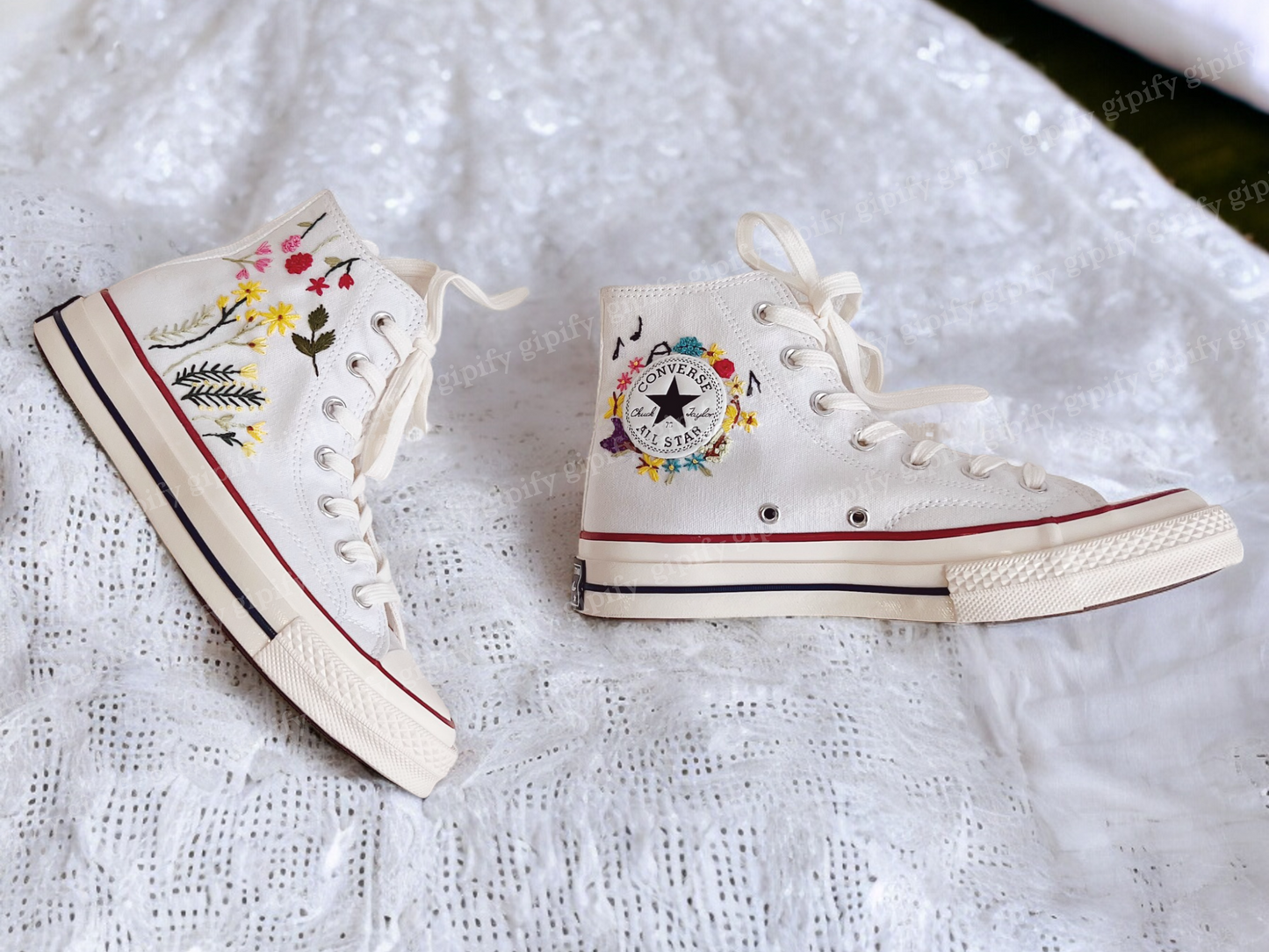 Custom Embroidered Converse Sneakers, Custom Converse High Tops Embroidered Floral,  Wedding Converse for Bride, Handmade Gift