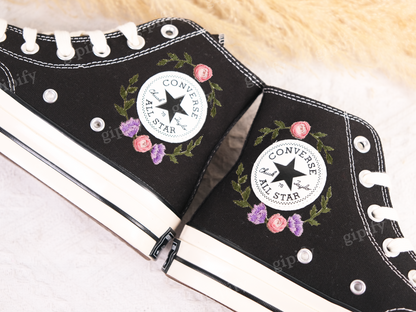 Custom Converse High Tops/Floral Converse/Embroidered Converse Colorful Sunflower And Wildflower Garden/Sunflower Birthday/White Converse