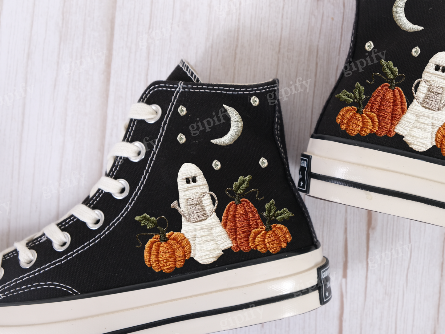 Custom embroidered sneakers, Ghost and pumpkin embroidered sneakers, Halloween Vibes embroidered sneakers, Personalized bridal sneakers