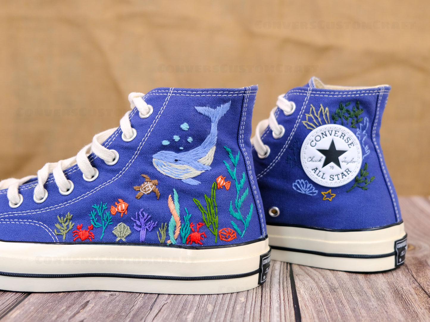 Custom Embroidered Converse High Tops/Custom Converse Chuck Taylor 1970s Shark Embroidered/ Ocean Vibes Embroidered/Birthday gift C213LT