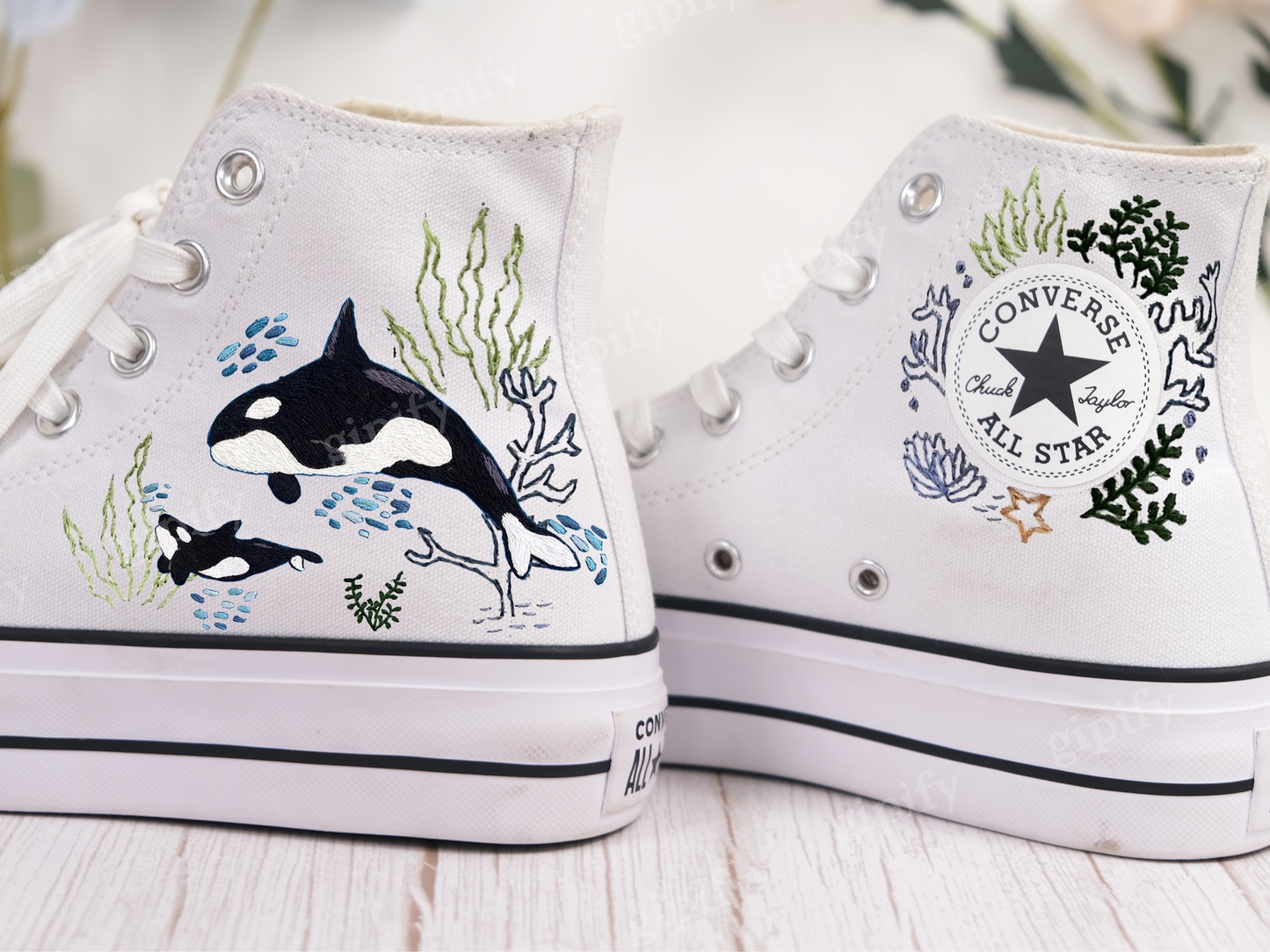 Custom Embroidered Converse High Tops/ Custom Converse Chuck Taylor 1970s Shark Embroidered/ Ocean Vibes Embroidered