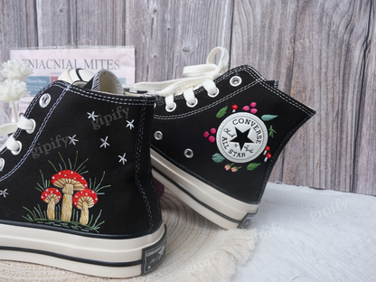 Midnight Mushroom Converse Custom | Mushroom and Floral Embroidery Converse | Embroidered Converse 1970s | Floral Custom converse high tops