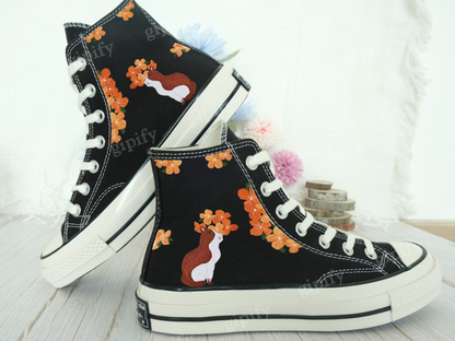 Custom Embroidered Converse Chuck Taylor All Star Shoes/Cat and Flower/1989 Embroidered Sneaker/Flower Embroidery Shoes/Handmade Gifts