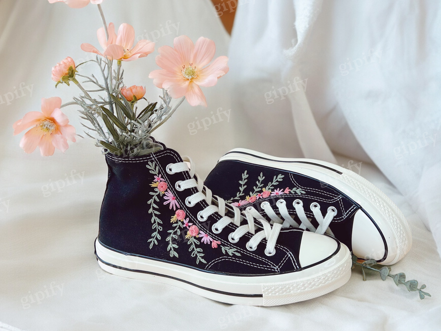 Custom Embroidered Converse Sneakers, Wedding Flowers Embroidered Converse Custom, Flower Embroidered Shoes for Women, Wedding Gift