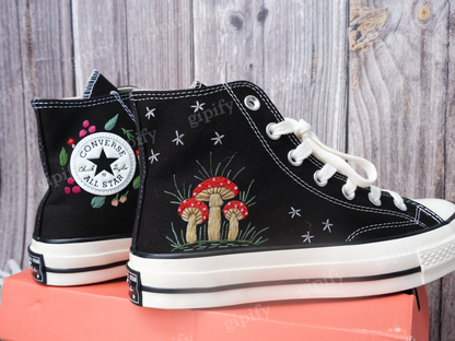 Midnight Mushroom Converse Custom | Mushroom and Floral Embroidery Converse | Embroidered Converse 1970s | Floral Custom converse high tops