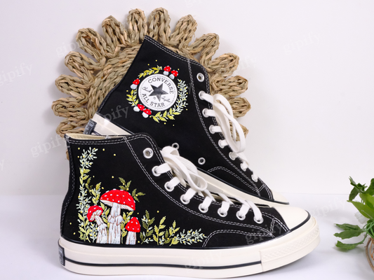 Custom Embroidered Converse Chuck Taylor 1970s, Mushrooms Embroidered Sneakers Custom, Mushrooms Embroidered Converse Shoes, Gifts for Her