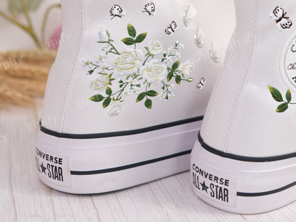 Custom Embroidered Converse high tops, Small Flower Embroidered Converse Shoes, Floral Embroidered Sneakers Custom, Unique Gifts for Her