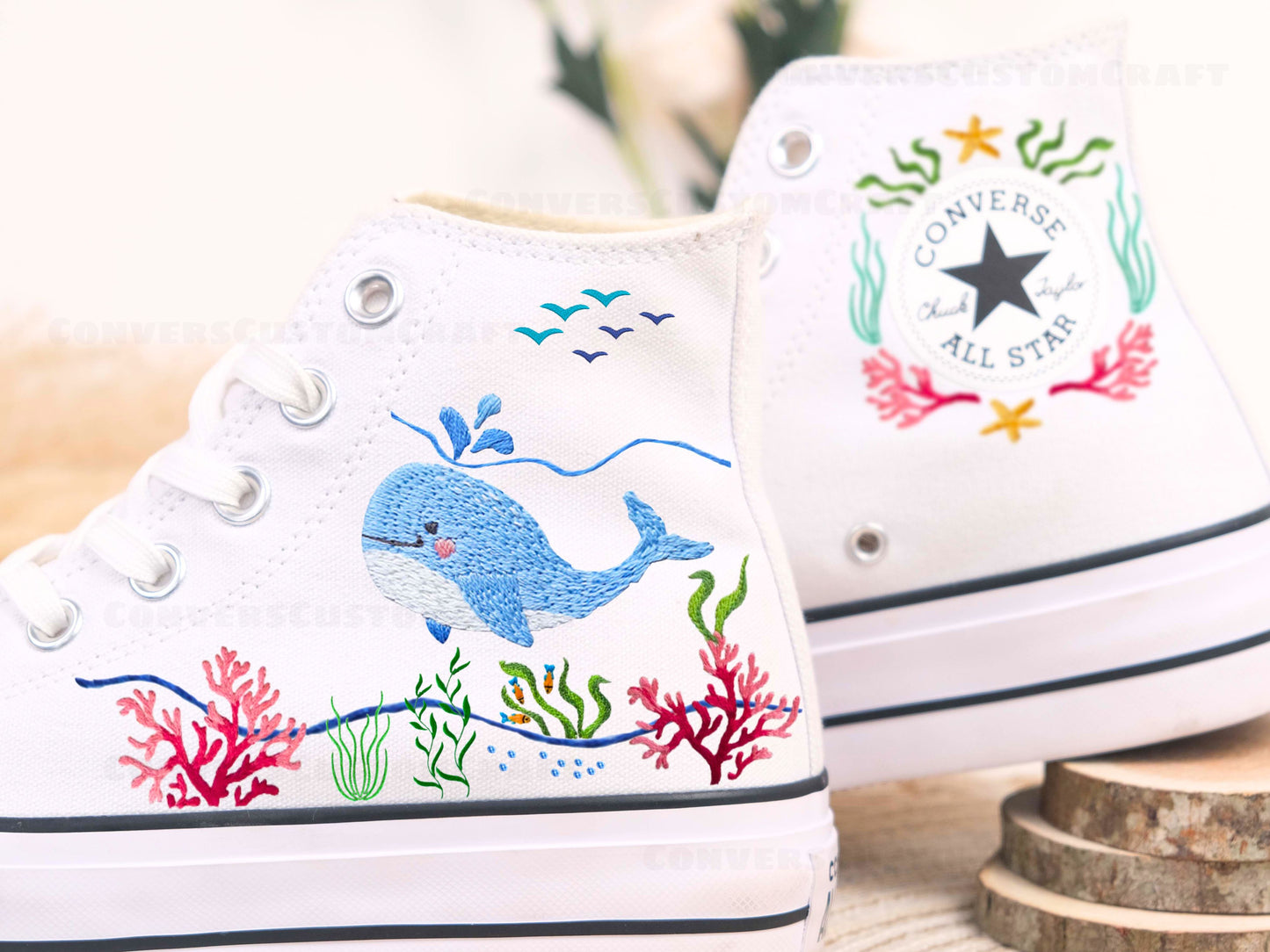 Converse Ocean High Top Sneakers/ Ocean Gifts/Underwater Chuck Taylor 1970s/Whale Canvas Shoes