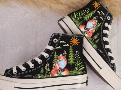 Embroidered Converse/Converse Mushroom/Custom Converse Pet/Embroidered Converse High Tops Fox Mushroom And Sweet Sunflower Garden