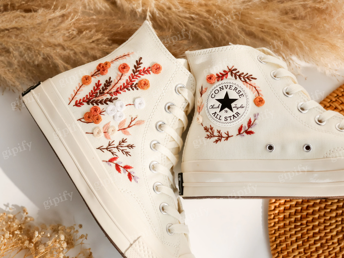 Custom Embroidered Wedding Sneakers, Fall Wedding Flower Embroidered Converse, Burnt Orange Bouquet Embroidered Shoes, Boho Wedding Gifts