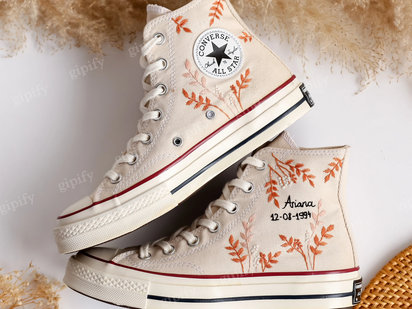 Wedding Converse, Custom Converse High Tops Embroidered Wedding Flowers, Custom Bridal Name Embroidery Converse Personalized Wedding Sneaker