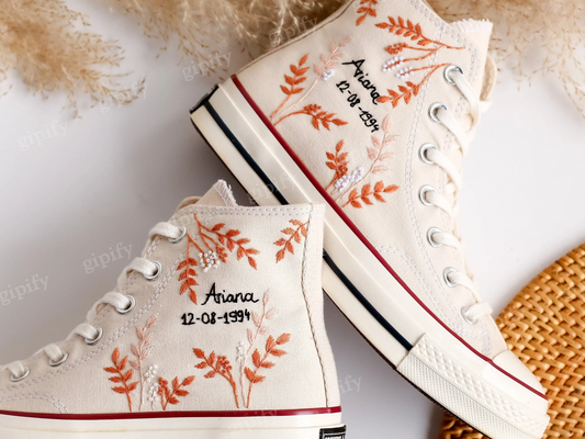 Wedding Converse, Custom Converse High Tops Embroidered Wedding Flowers, Custom Bridal Name Embroidery Converse Personalized Wedding Sneaker