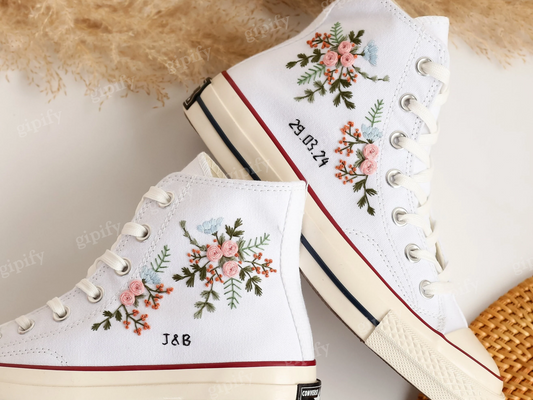 Wedding Shoes, Custom Wedding Converse Embroidered Bridal Flower, Wedding Flowers Embroidered Converse Custom, Personalized Bridal Sneaker