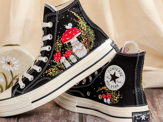 Custom Embroidered Converse Shoes, Mushrooms Embroidery Sneakers Women, Mimosa Embroidered Converse Custom, Shoes Embroidery, Gifts for Her