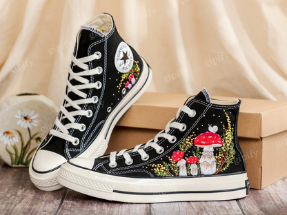 Custom Embroidered Converse Shoes, Mushrooms Embroidery Sneakers Women, Mimosa Embroidered Converse Custom, Shoes Embroidery, Gifts for Her