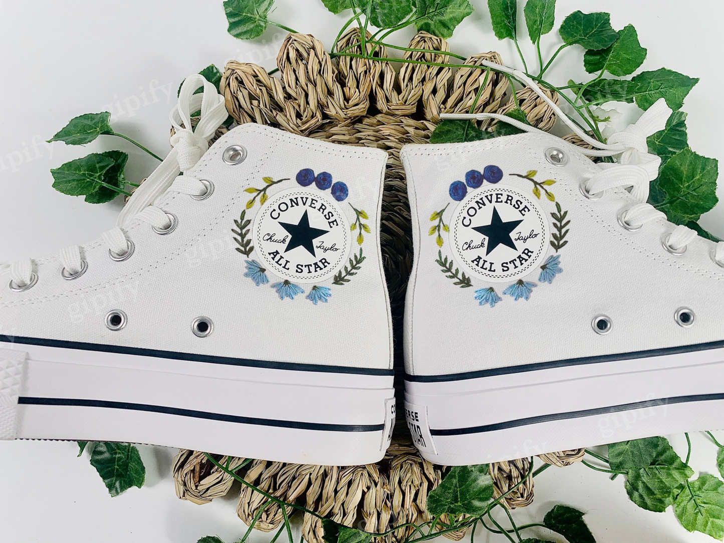 Custom Converse Platform, Wedding Flowers Embroidered Platform Shoes, Converse Embroidered Blue Bouquets, Personalized Bridal Sneaker