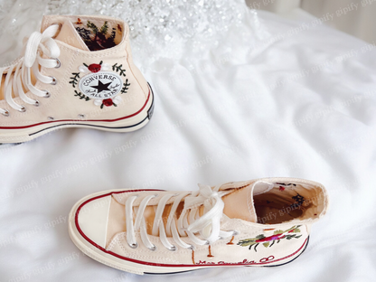 Custom Converse High Tops Embroidered Floral, Flower Embroidered Shoes Women, Wedding Flowers Embroidered Converse Custom, Wedding Shoes