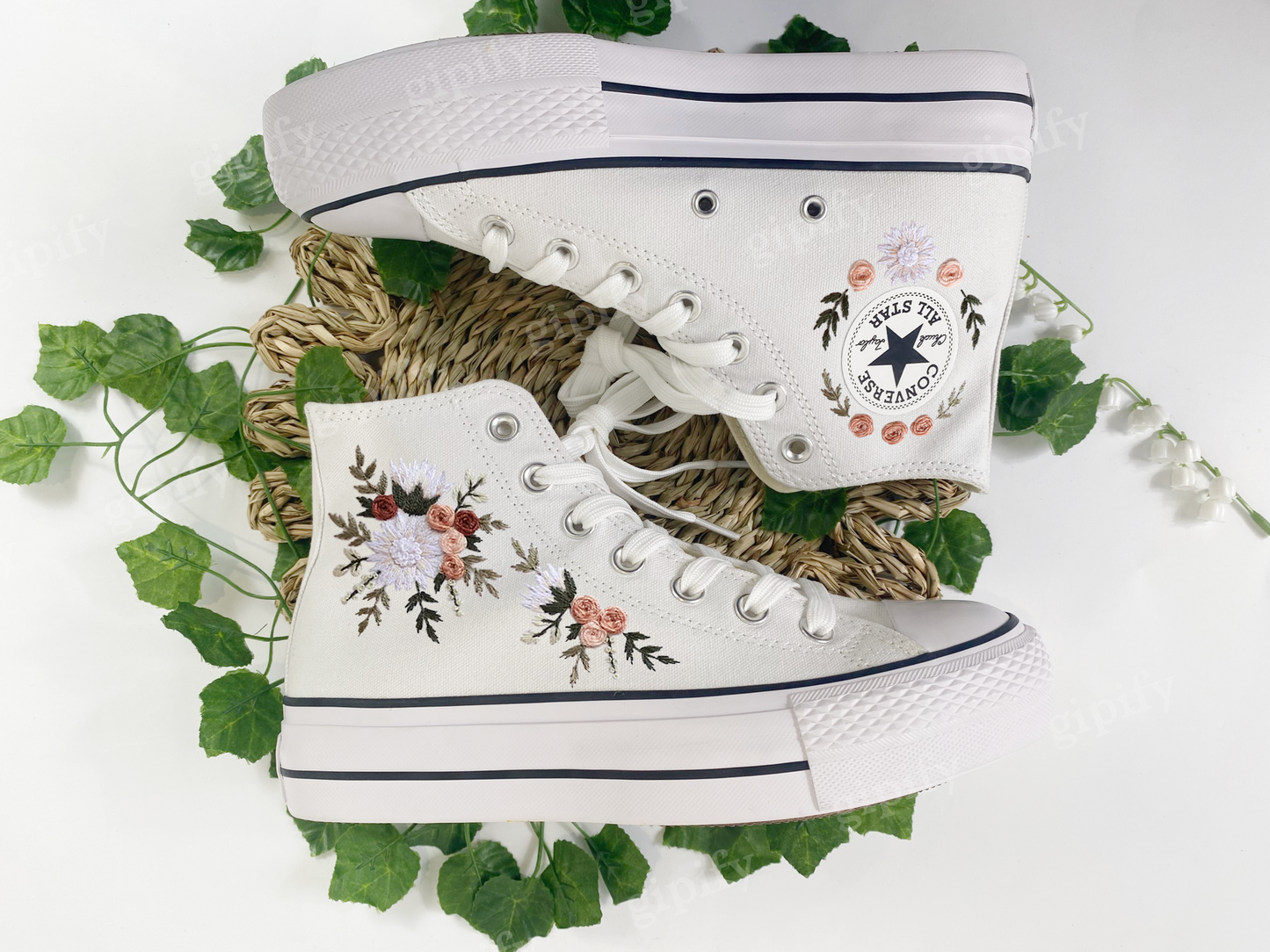 Custom Embroidered Converse High Tops/Purple Flowers Embroidered Shoes Women/Floral Embroidery Converse/Wedding Sneakers/Gift for Her