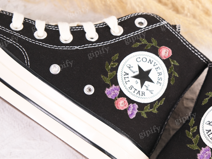 Custom Converse High Tops/Floral Converse/Embroidered Converse Colorful Sunflower And Wildflower Garden/Sunflower Birthday/White Converse