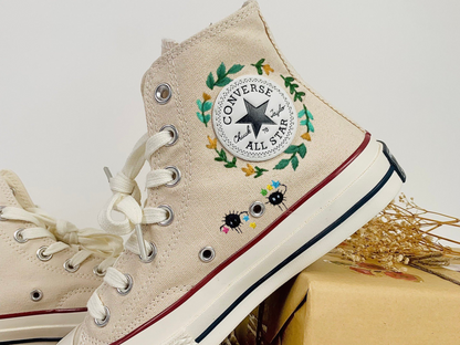 Converse Embroidered Custom Cartoon, Neighbor Totoro Embroidered Converse, Flower Converse, Embroidery Converse Chibi and Gibi