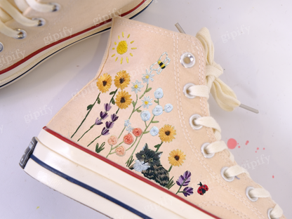 Embroidered Converse/Flower Converse/Custom Converse Pet/Embroidered Converse High Tops Butterfly Cat And Sweet Sunflower Garden