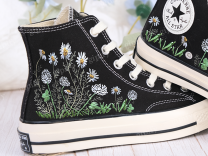 Custom embroidery converse sneakers, Flower Converse, Converse Custom Colorful Daisy Garden, Embroidered Sneakers