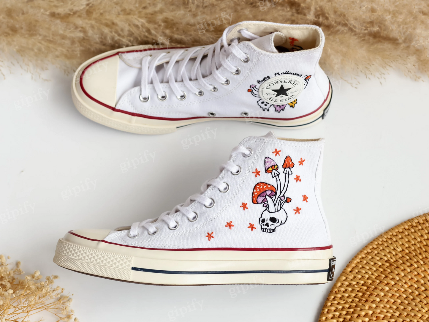 Custom Converse Embroidered, Mushrooms and Ghost Embroidered Shoes, Sugar Skull Embroidered Sneaker, Embroidered Wedding Reception Shoes