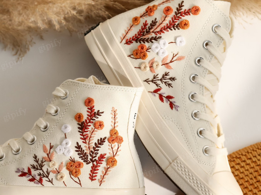 Custom Embroidered Wedding Sneakers, Fall Wedding Flower Embroidered Converse, Burnt Orange Bouquet Embroidered Shoes, Boho Wedding Gifts