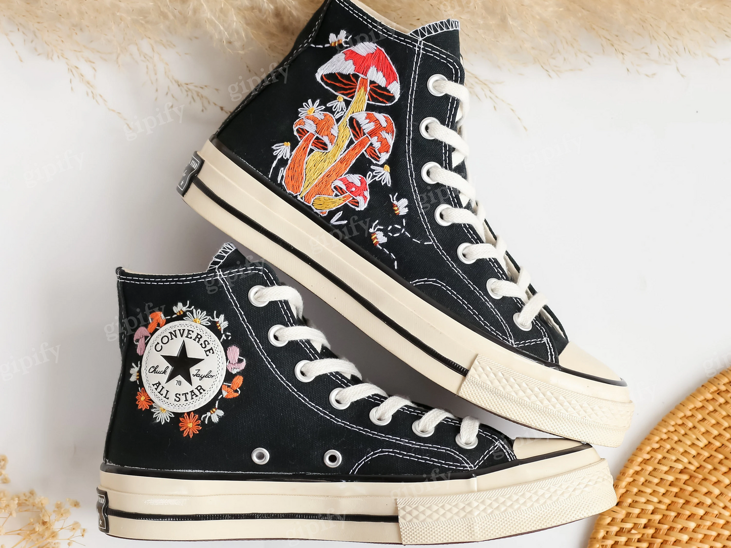 Custom Converse Embroidered Shoes, Converse Embroidery Mushroom, Bee, Colorful Mushroom Garden Embroidered Converse for Men, Mushroom Gifts