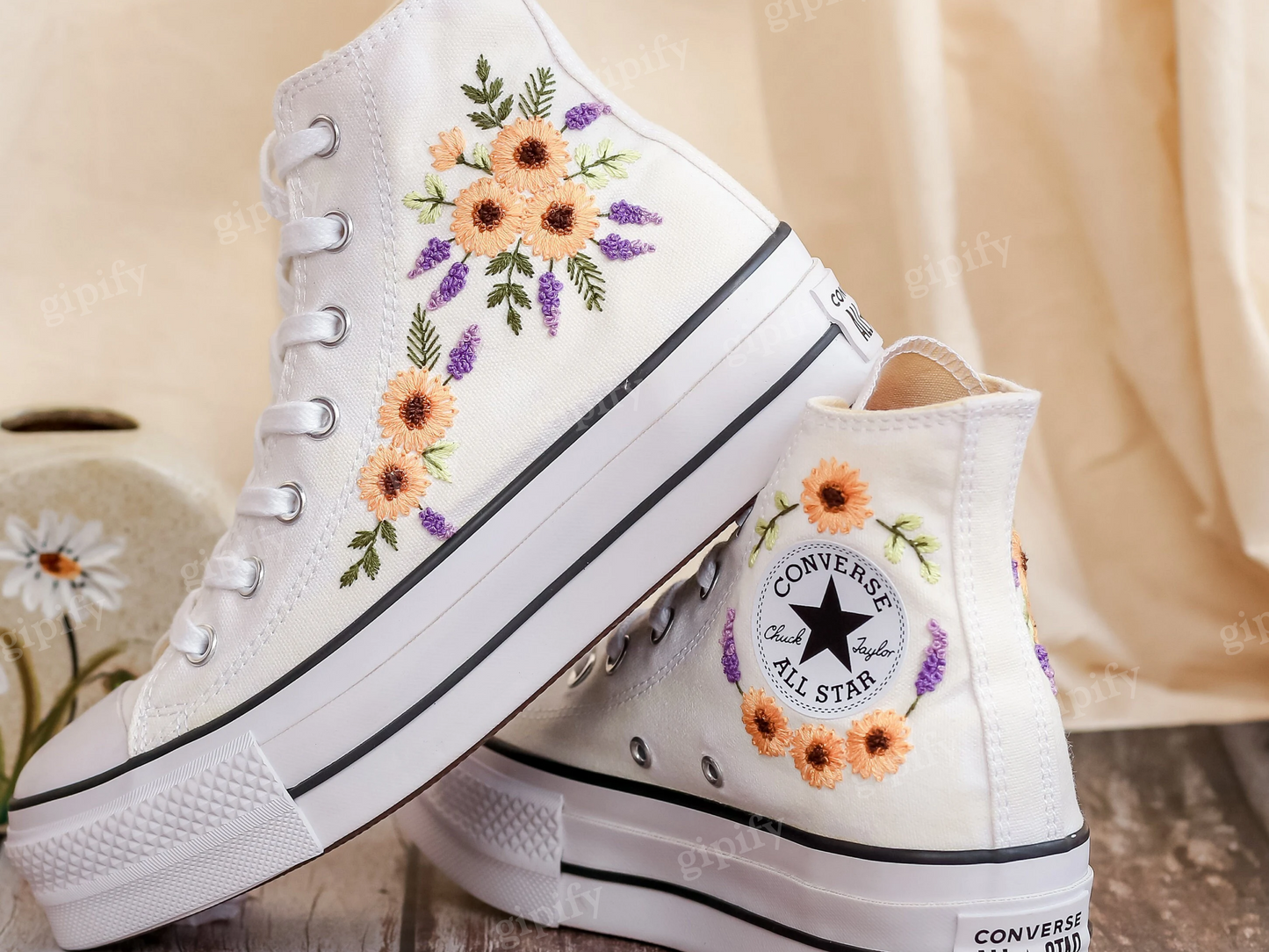 Platform Converse for Wedding, Bridal Sunflowers Embroidered Shoes Custom, Sunflowers Embroidery Sneakers for Bride, Wedding Gift for Couple