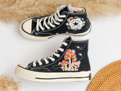 Custom Converse Embroidered Shoes, Converse Embroidery Mushroom, Bee, Colorful Mushroom Garden Embroidered Converse for Men, Mushroom Gifts