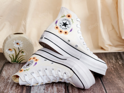 Platform Converse for Wedding, Bridal Sunflowers Embroidered Shoes Custom, Sunflowers Embroidery Sneakers for Bride, Wedding Gift for Couple