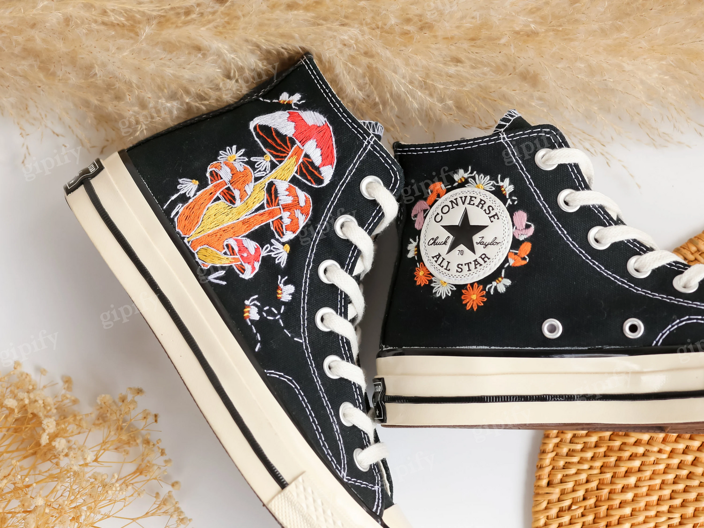 Custom Converse Embroidered Shoes, Converse Embroidery Mushroom, Bee, Colorful Mushroom Garden Embroidered Converse for Men, Mushroom Gifts