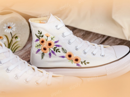 Platform Converse for Wedding, Bridal Sunflowers Embroidered Shoes Custom, Sunflowers Embroidery Sneakers for Bride, Wedding Gift for Couple