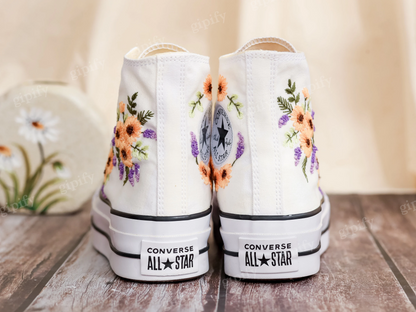 Platform Converse for Wedding, Bridal Sunflowers Embroidered Shoes Custom, Sunflowers Embroidery Sneakers for Bride, Wedding Gift for Couple