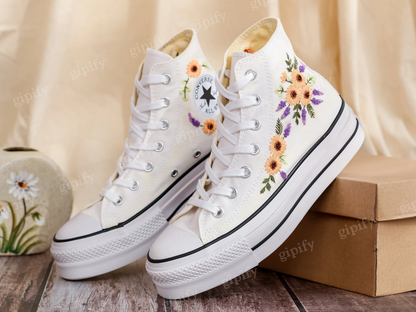 Platform Converse for Wedding, Bridal Sunflowers Embroidered Shoes Custom, Sunflowers Embroidery Sneakers for Bride, Wedding Gift for Couple