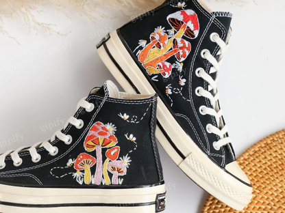 Custom Converse Embroidered Shoes, Converse Embroidery Mushroom, Bee, Colorful Mushroom Garden Embroidered Converse for Men, Mushroom Gifts