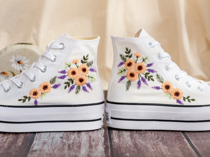 Platform Converse for Wedding, Bridal Sunflowers Embroidered Shoes Custom, Sunflowers Embroidery Sneakers for Bride, Wedding Gift for Couple