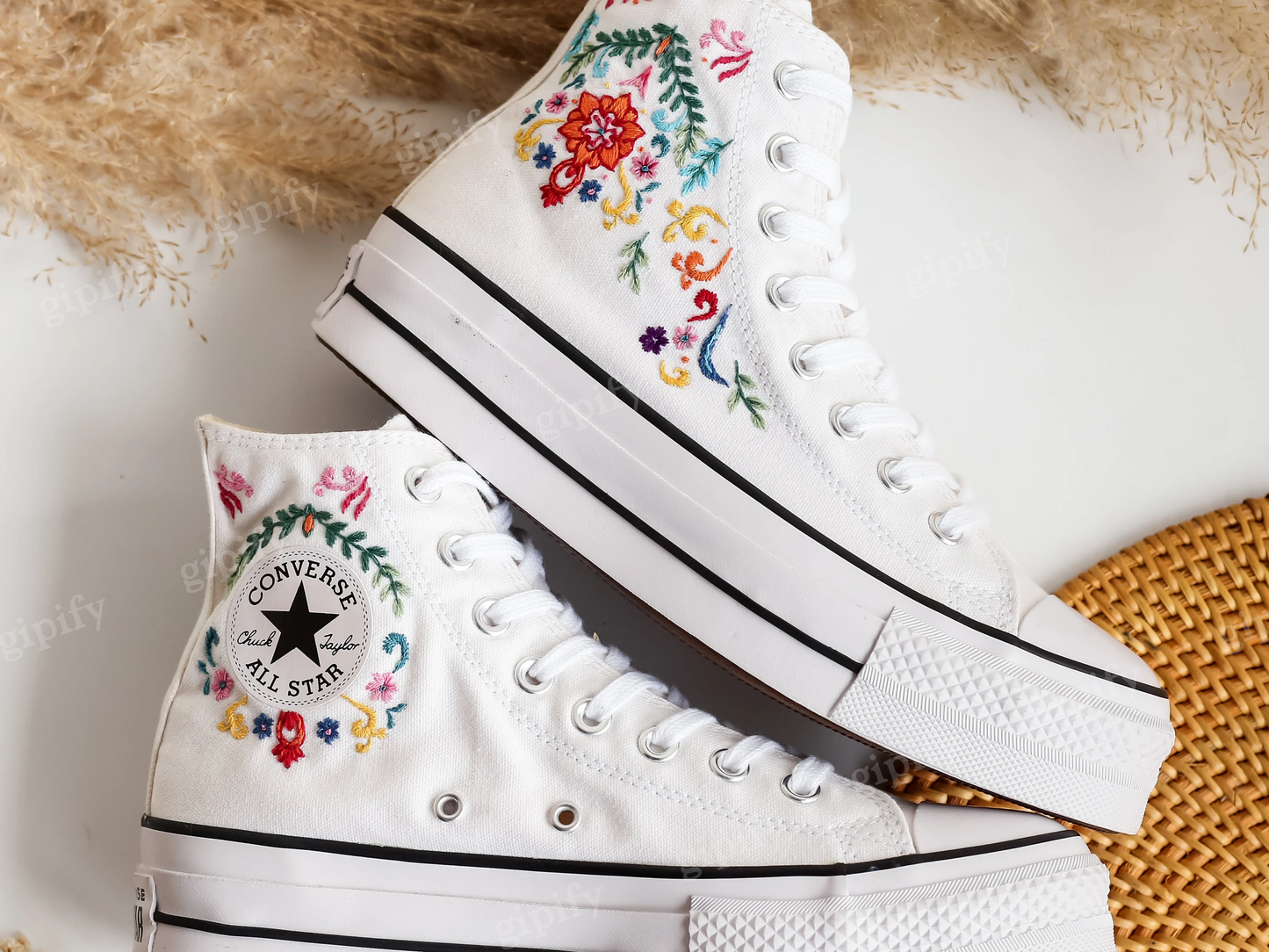 Custom Wedding Converse Platform, Wedding Flowers Embroidered Platform Shoes, Bridal Flowers Embroidered Sneakers Custom, Wedding Gifts