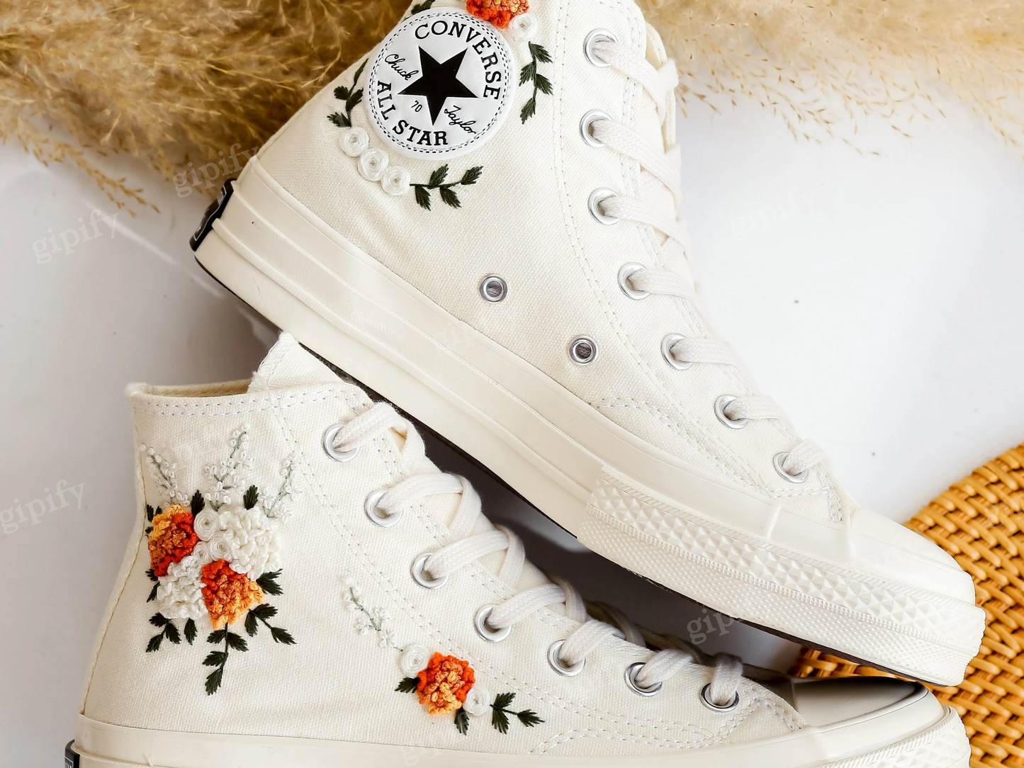 Custom Embroidered Wedding Converse Shoes, Fall Wedding Flower Embroidered Sneaker for Bride, Boho Flowers Embroidered Shoes, Wedding Gifts