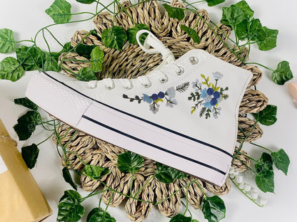 Custom Converse Platform, Wedding Flowers Embroidered Platform Shoes, Converse Embroidered Blue Bouquets, Personalized Bridal Sneaker