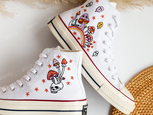 Custom Converse Embroidered, Mushrooms and Ghost Embroidered Shoes, Sugar Skull Embroidered Sneaker, Embroidered Wedding Reception Shoes