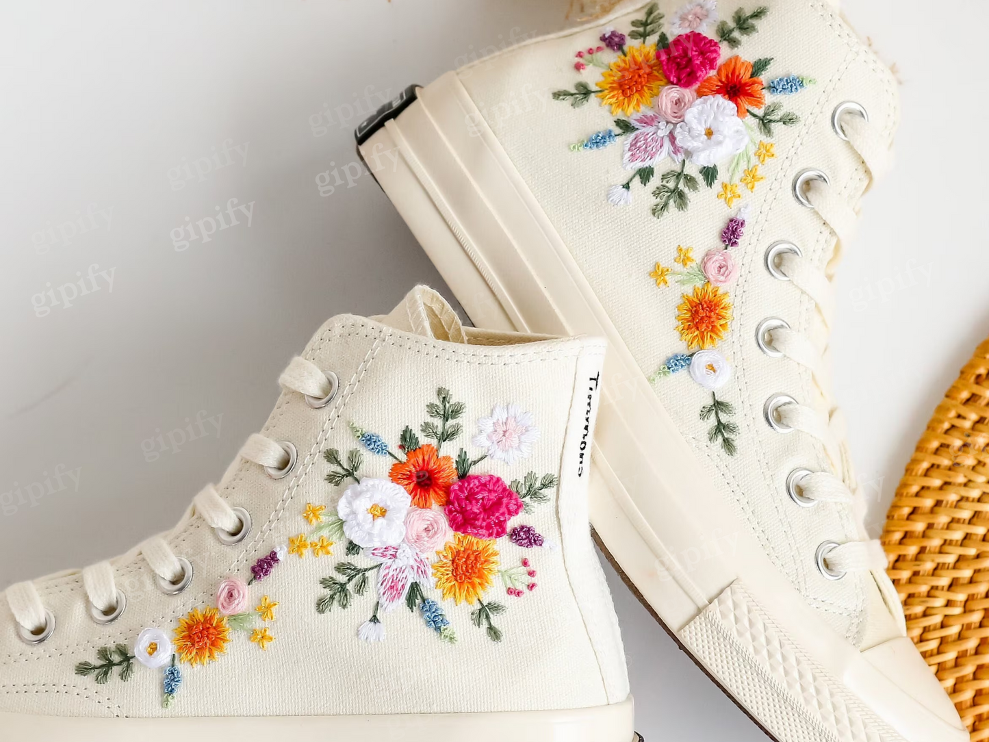 Custom Converse Wedding Sneakers, Rainbow Bridal Flowers Embroidered Shoes, Sunflower Daisy Dahlia Embroidered Sneakers, Rustic Wedding Gift