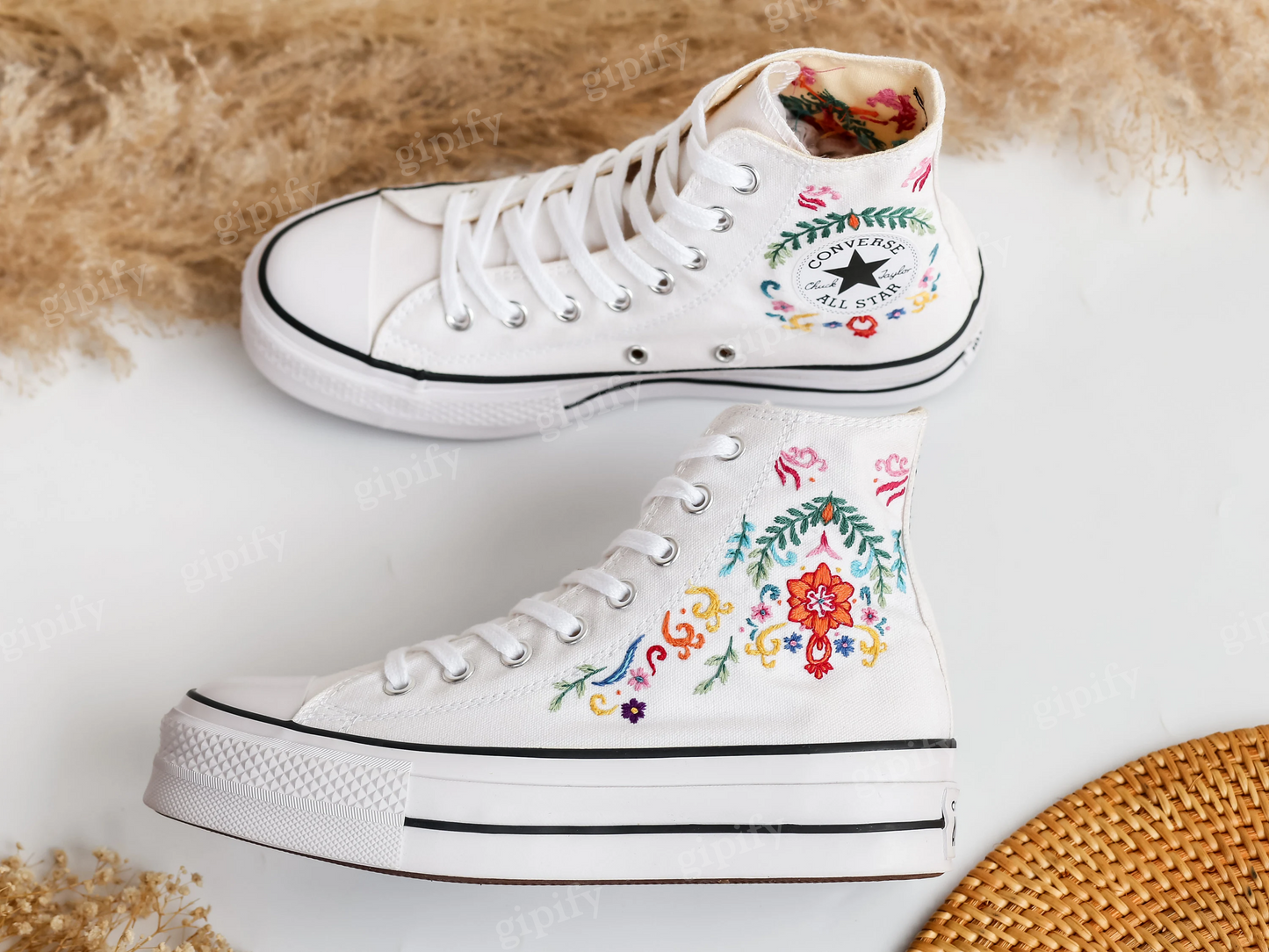 Custom Wedding Converse Platform, Wedding Flowers Embroidered Platform Shoes, Bridal Flowers Embroidered Sneakers Custom, Wedding Gifts