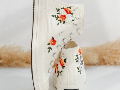 Custom Embroidered Wedding Converse Shoes, Fall Wedding Flower Embroidered Sneaker for Bride, Boho Flowers Embroidered Shoes, Wedding Gifts