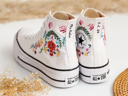 Custom Wedding Converse Platform, Wedding Flowers Embroidered Platform Shoes, Bridal Flowers Embroidered Sneakers Custom, Wedding Gifts