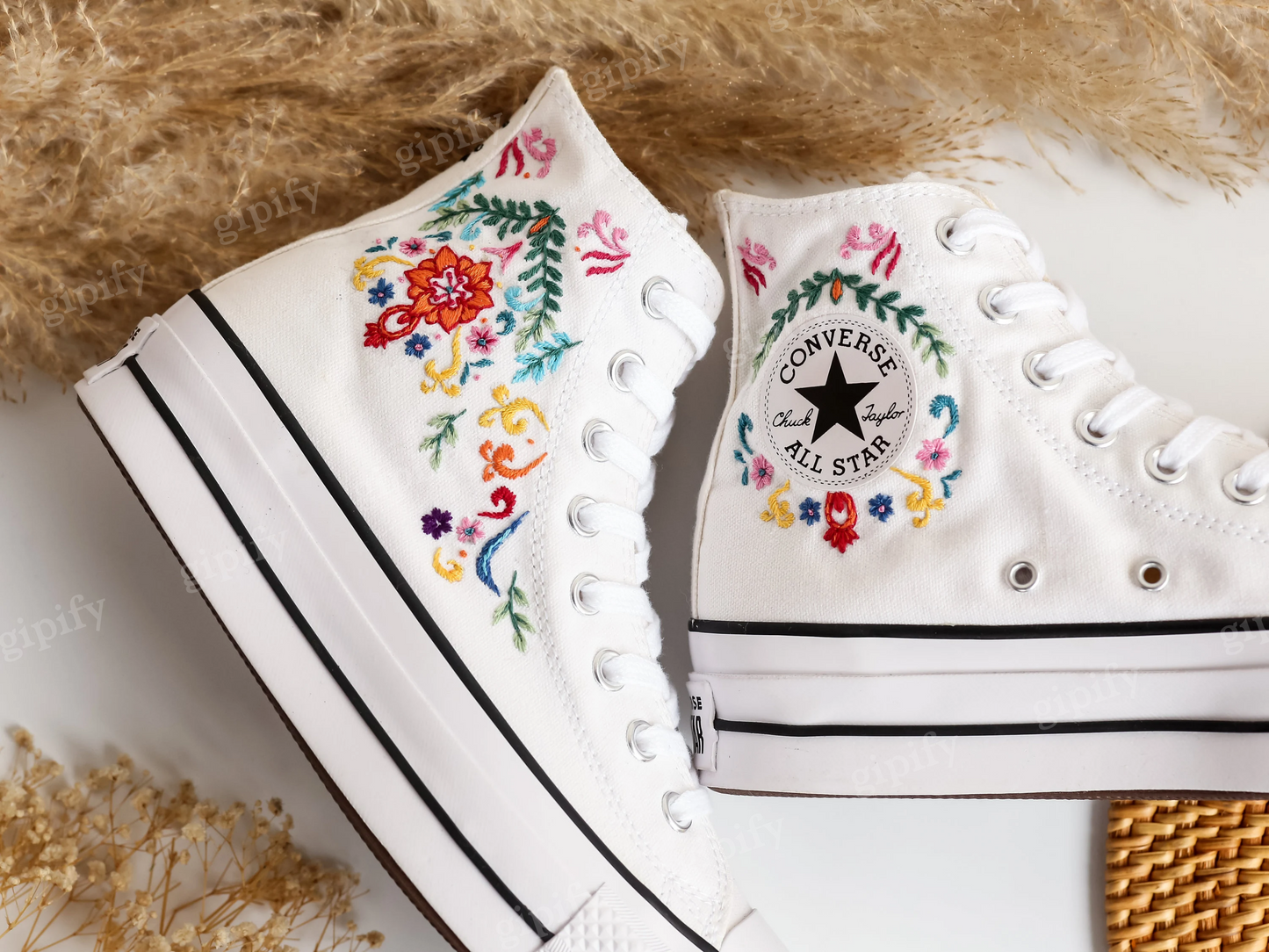 Custom Wedding Converse Platform, Wedding Flowers Embroidered Platform Shoes, Bridal Flowers Embroidered Sneakers Custom, Wedding Gifts